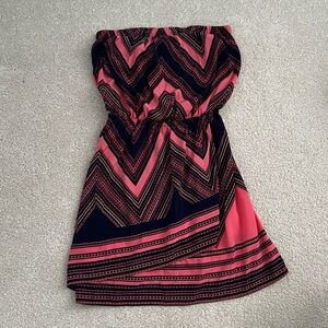 Express Coral Pink and Black Tribal Print Strapless Dress